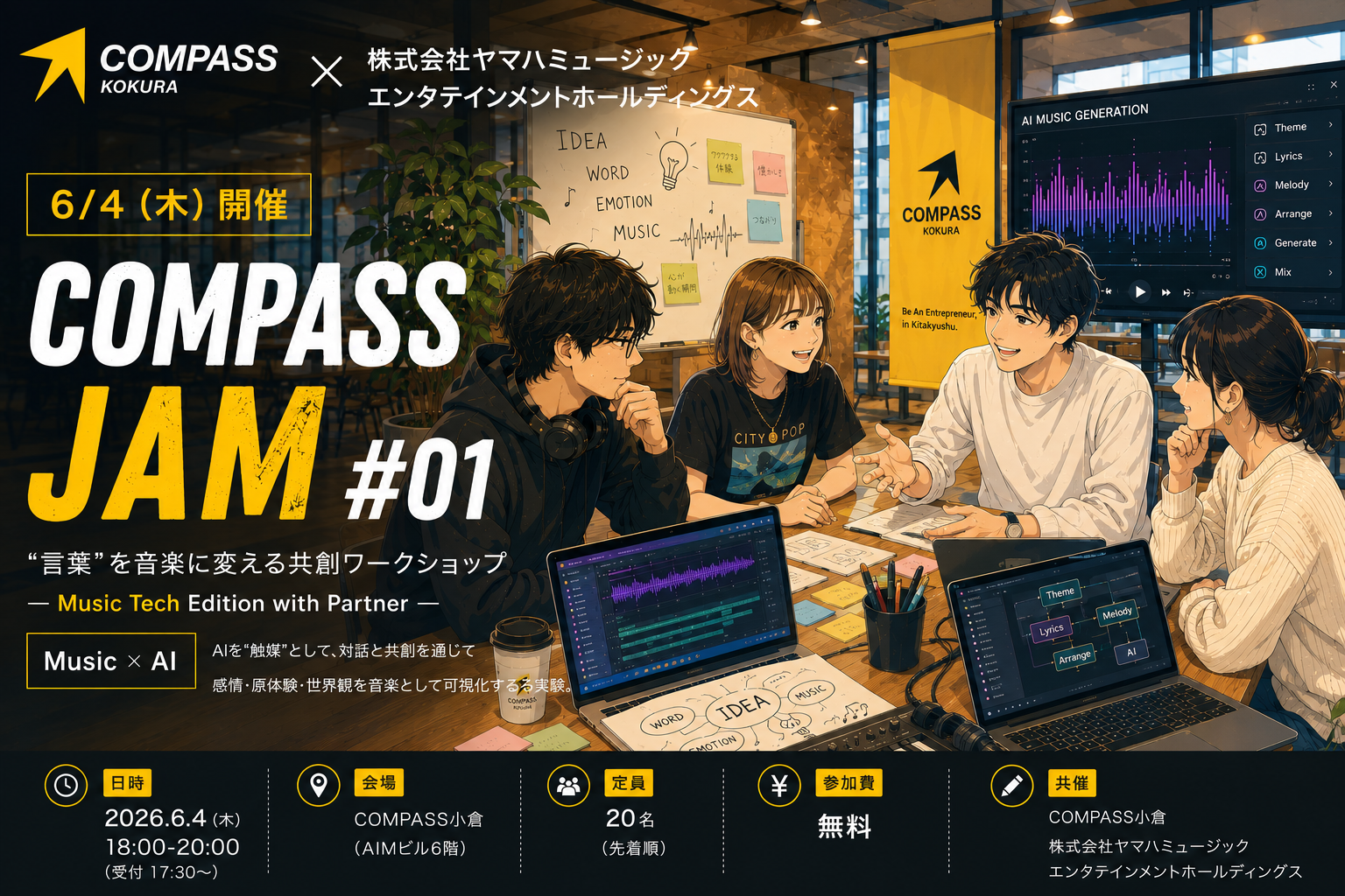 【6/4(木)開催】COMPASS JAM #01 “言葉“を音楽に変える共創ワークショップ ─ Music Tech Edition with Yamaha ─メイン画像